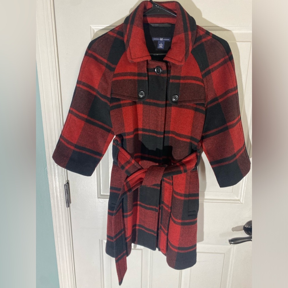 GAP Red & Black Plaid Belted Trench Coat